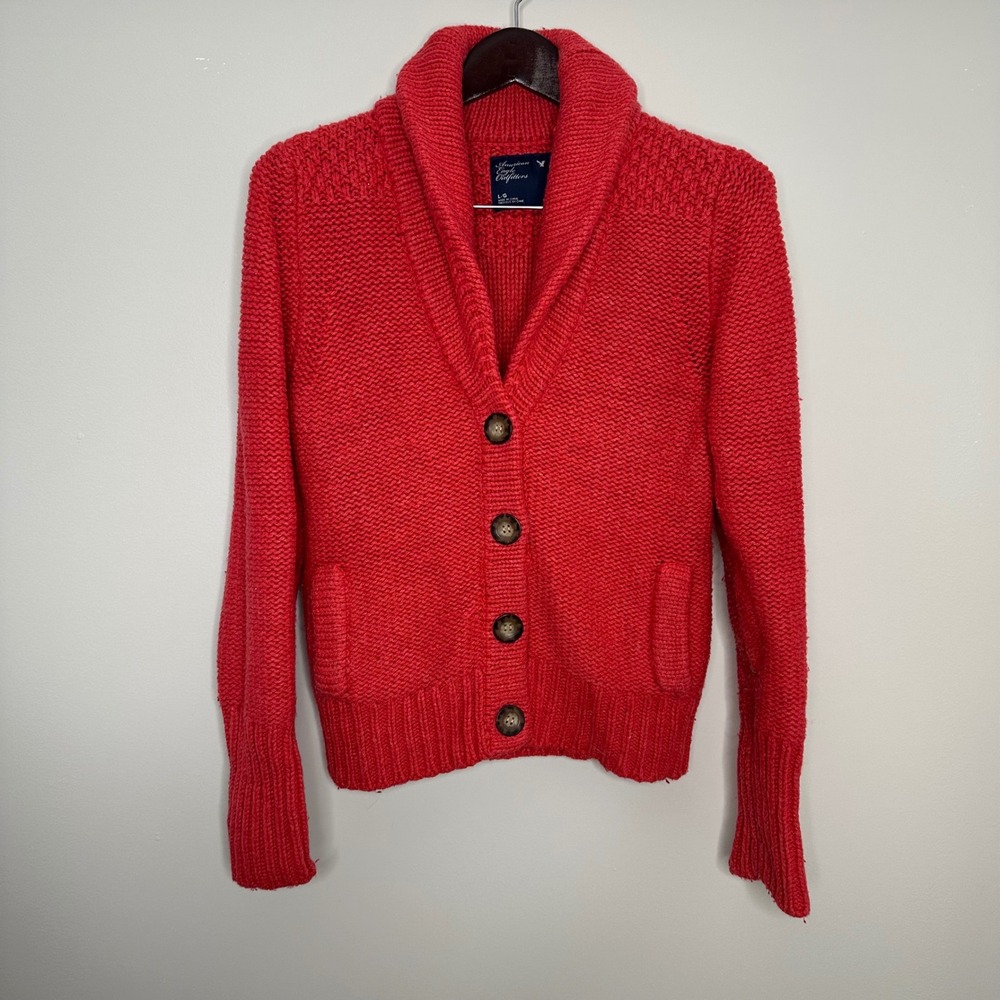 American Eagle Women's Red‎ Chunky Shawl Collar Button Front Knit Sweater L Y2K